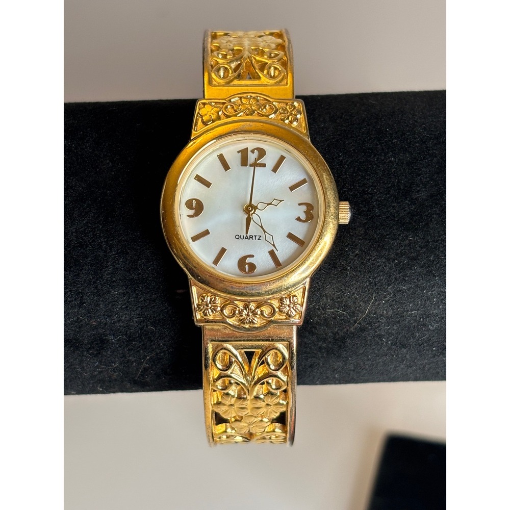 Vintage 90s Cuff Watch Bangle Filigree Floral Mother of Pearl Dial Gold Tone